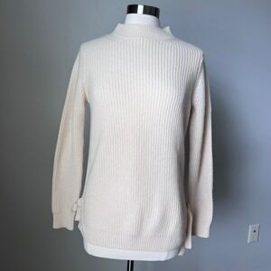 J.McLaughlin Wool Cashmere Mock Neck Ribbed Sweater Cream Side Bow Small